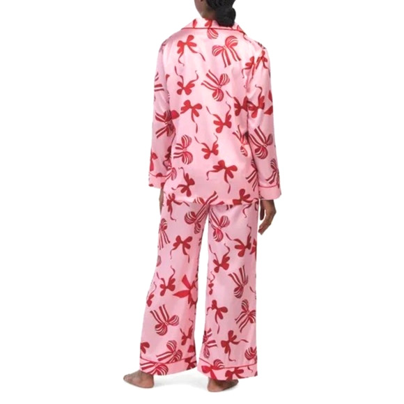 Dalia Macphee Pink Satin Bow Print Notch Collar Pajama Set Women's Large New - Picture 2 of 2